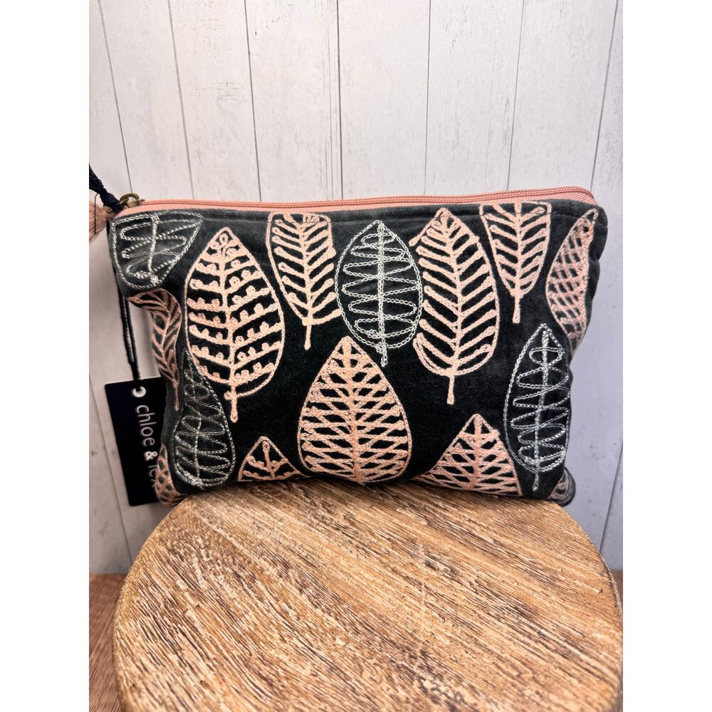 Pink Gray Velvet Pouch Leaves Large Makeup Bag 10.5 x 7 inches NEW FAST SHIP